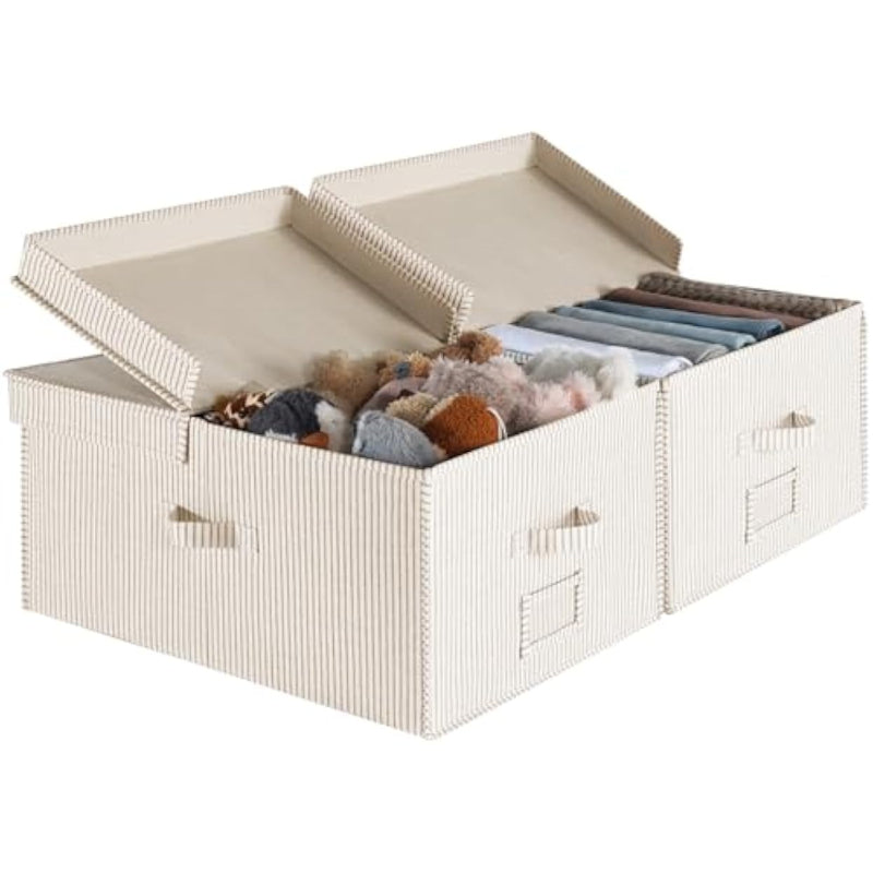 2‑Pack Khaki‑Beige Striped Storage Boxes with Lids