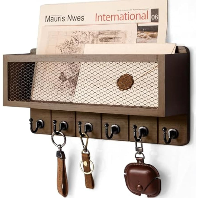 Brown Wall‑Mount Key & Mail Organizer