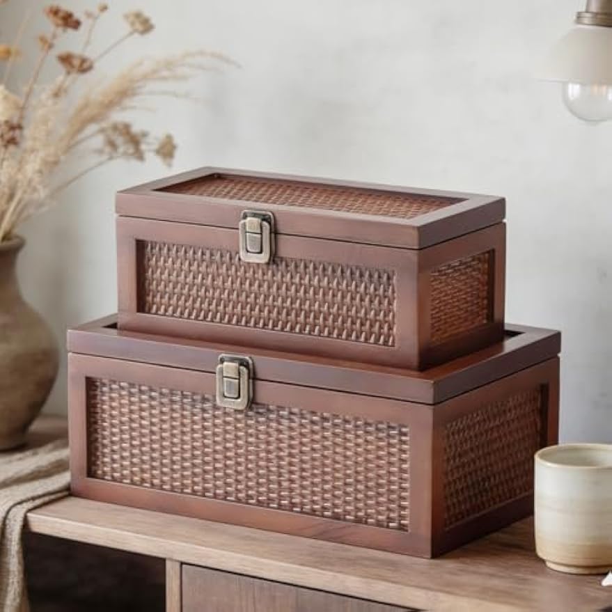 Set of 2 Rattan Decorative Storage Boxes