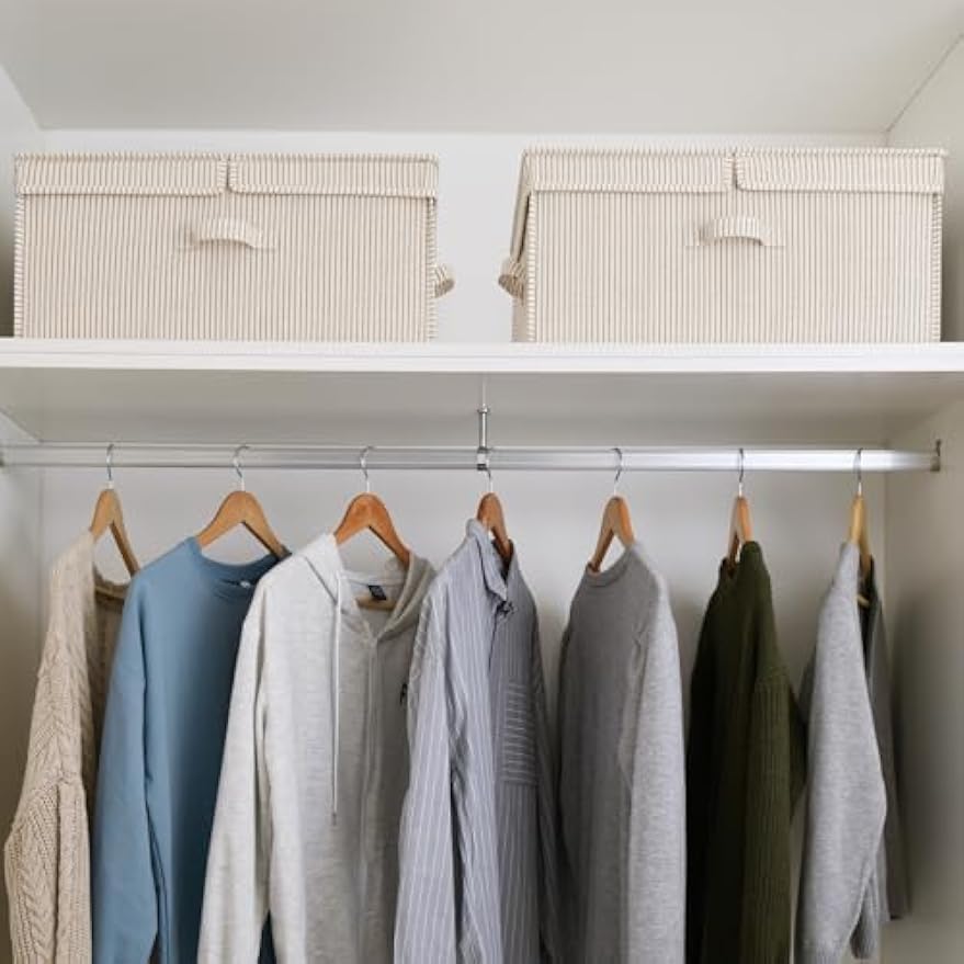 2‑Pack Khaki‑Beige Striped Storage Boxes with Lids
