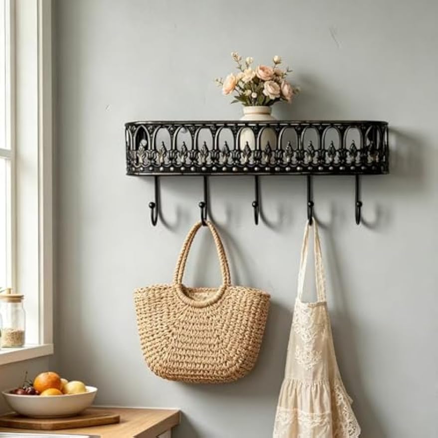 Vintage Iron Wall Shelf with 5 Hooks，Bronze