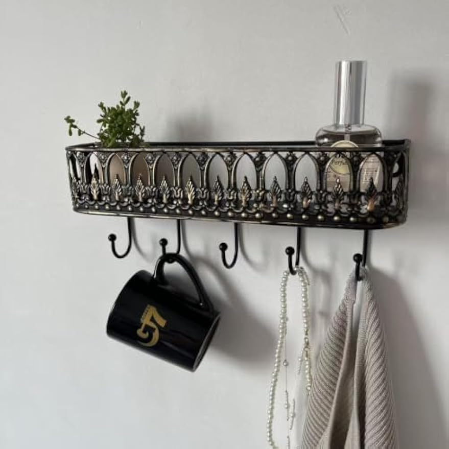 Vintage Iron Wall Shelf with 5 Hooks，Bronze