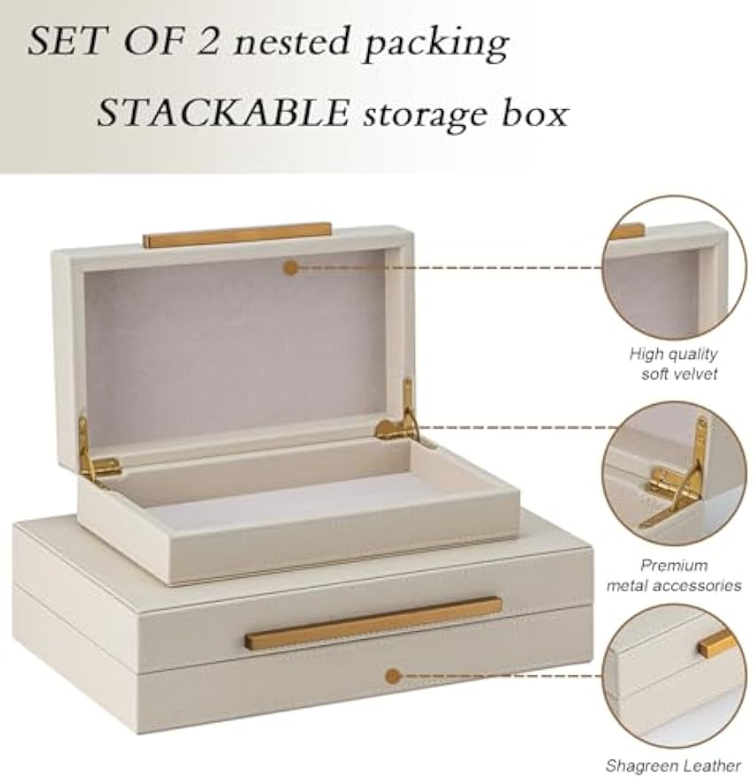 2 Beige Shagreen Storage Boxes with Gold Handles