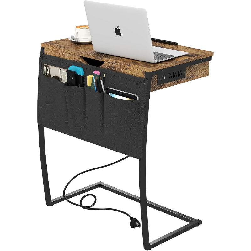 Rustic Brown Tilt C‑Shaped Side Table with Storage