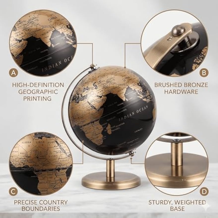 6‑Inch Black‑Gold Globe with Bronze Stand