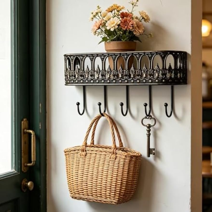 Vintage Iron Wall Shelf with 5 Hooks，Bronze
