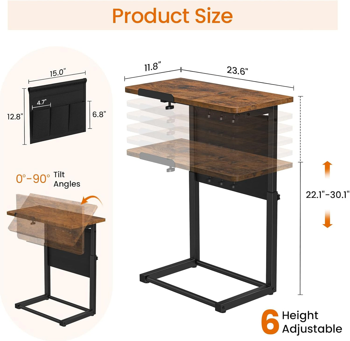 Extra Large Foldable Tilt C‑Shaped Side Table