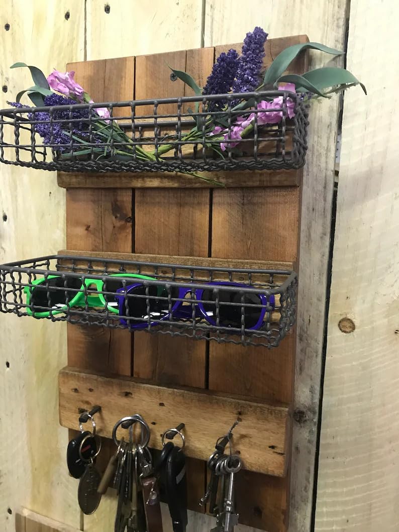 Farmhouse Wall Organizer with Baskets & Key Hooks
