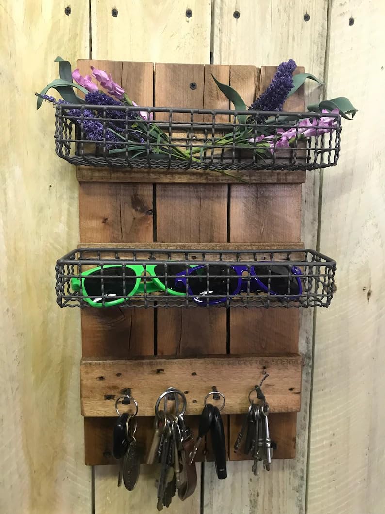 Farmhouse Wall Organizer with Baskets & Key Hooks