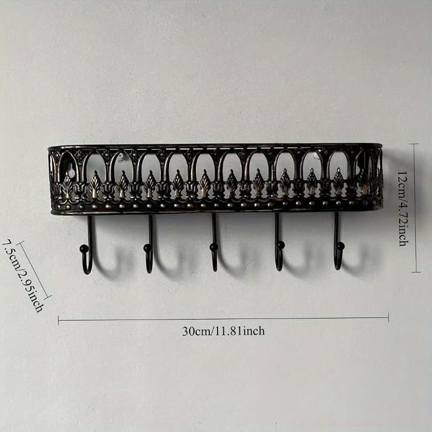 Vintage Iron Wall Shelf with 5 Hooks，Bronze