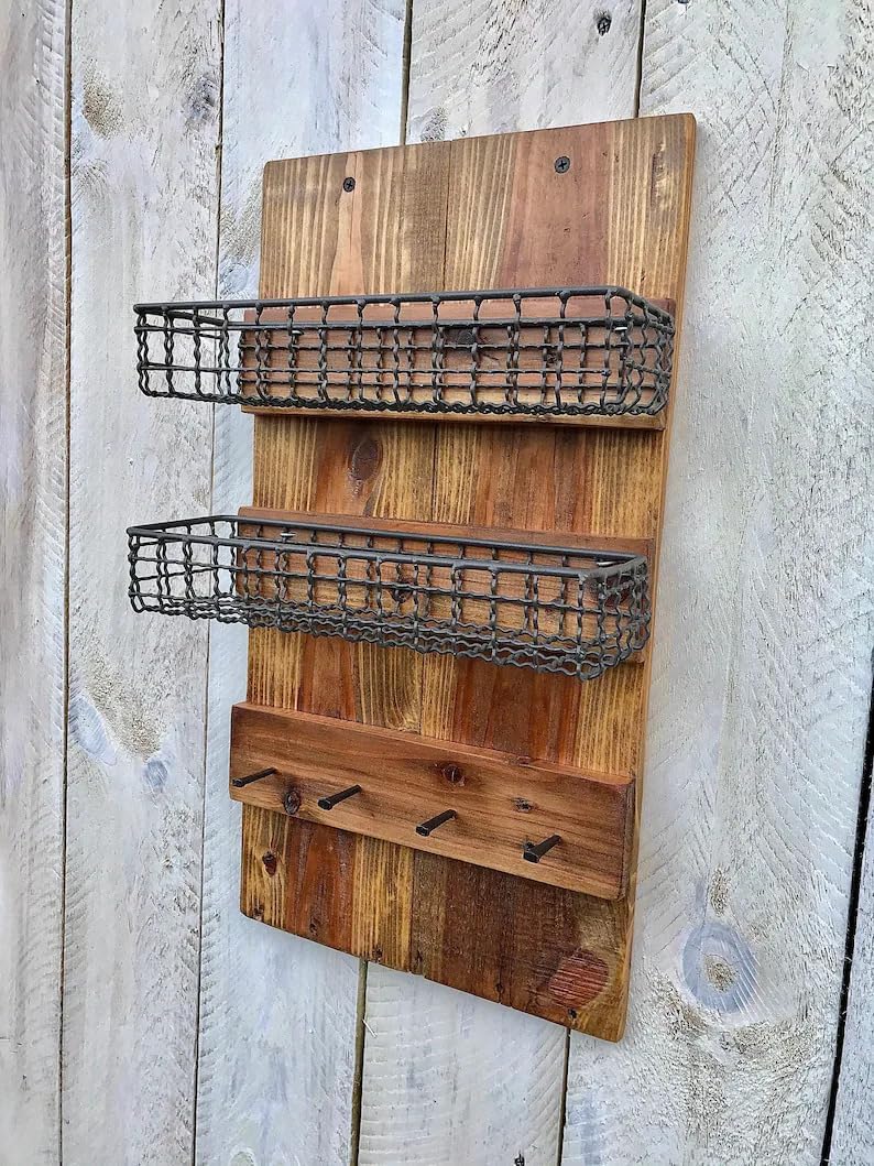 Farmhouse Wall Organizer with Baskets & Key Hooks