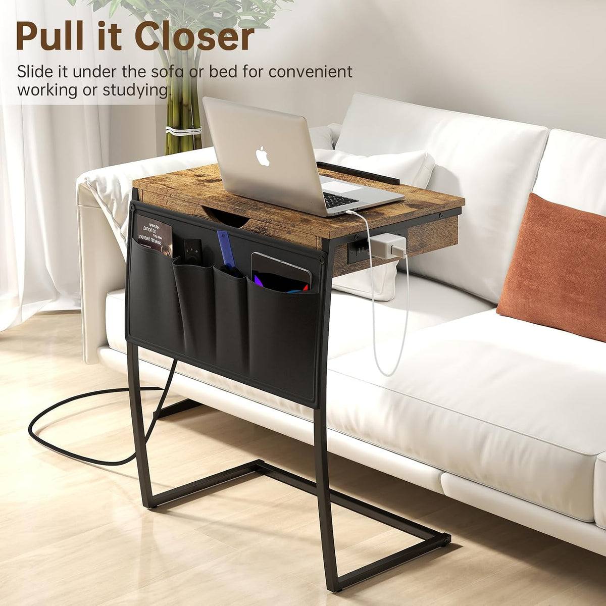 Rustic Brown Tilt C‑Shaped Side Table with Storage
