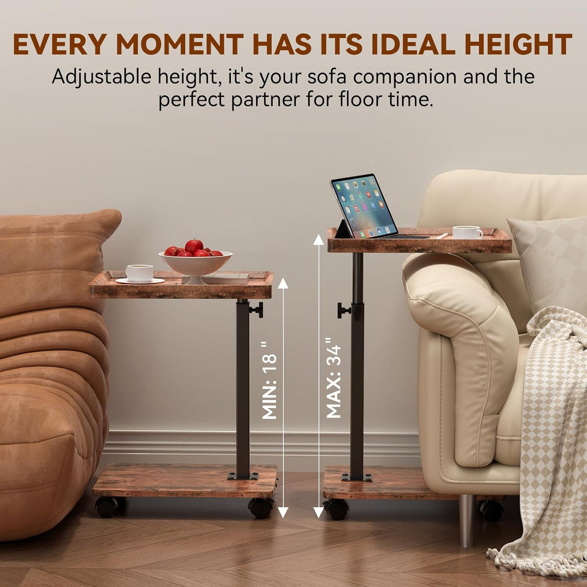 Swivel Rolling C‑Shaped Side Table