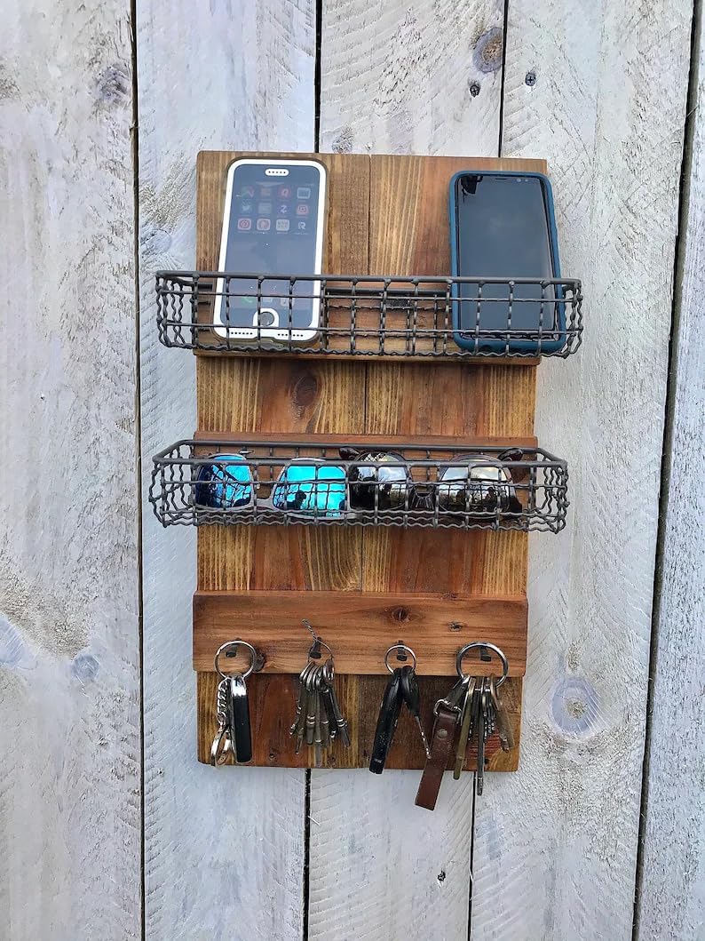 Farmhouse Wall Organizer with Baskets & Key Hooks