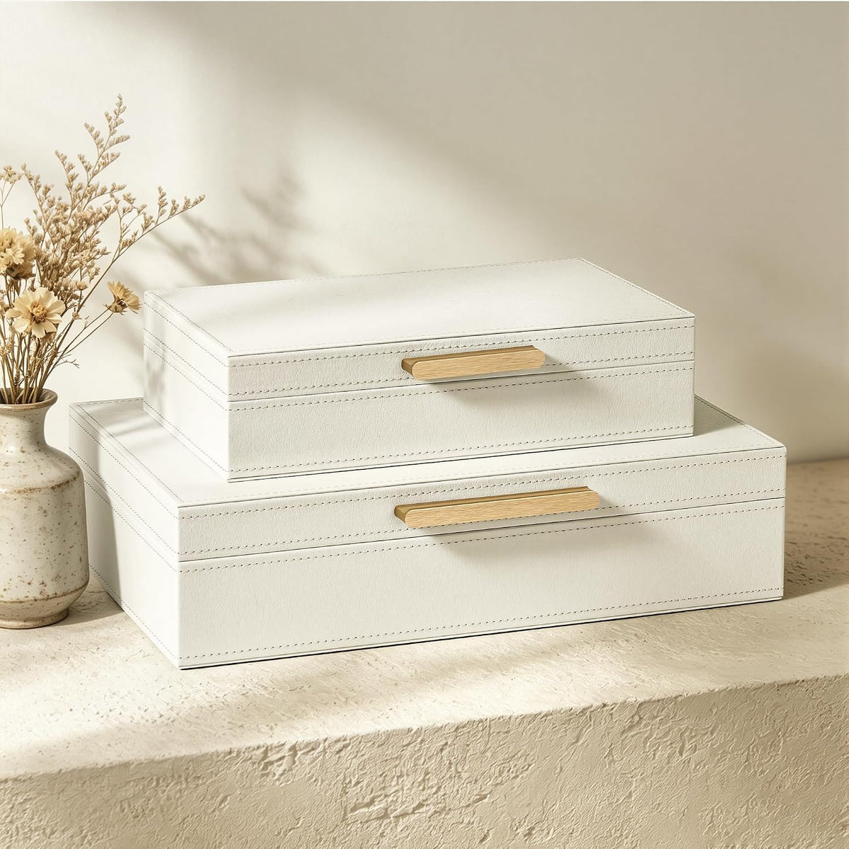 2‑Pack White PU Leather Storage Boxes with Lids