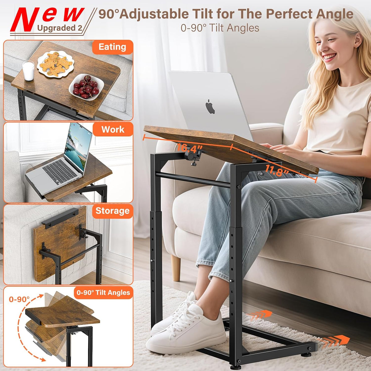 Brown Adjustable Tilt C‑Shaped Side Table