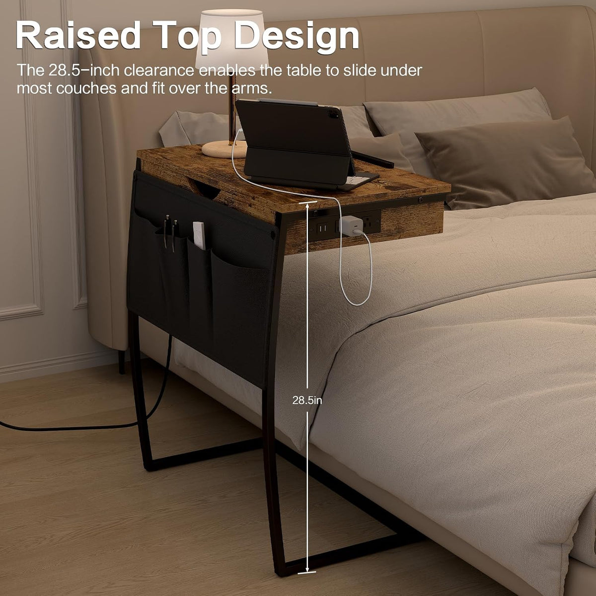 Rustic Brown Tilt C‑Shaped Side Table with Storage