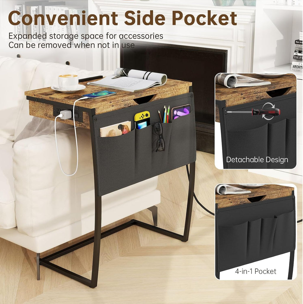 Rustic Brown Tilt C‑Shaped Side Table with Storage