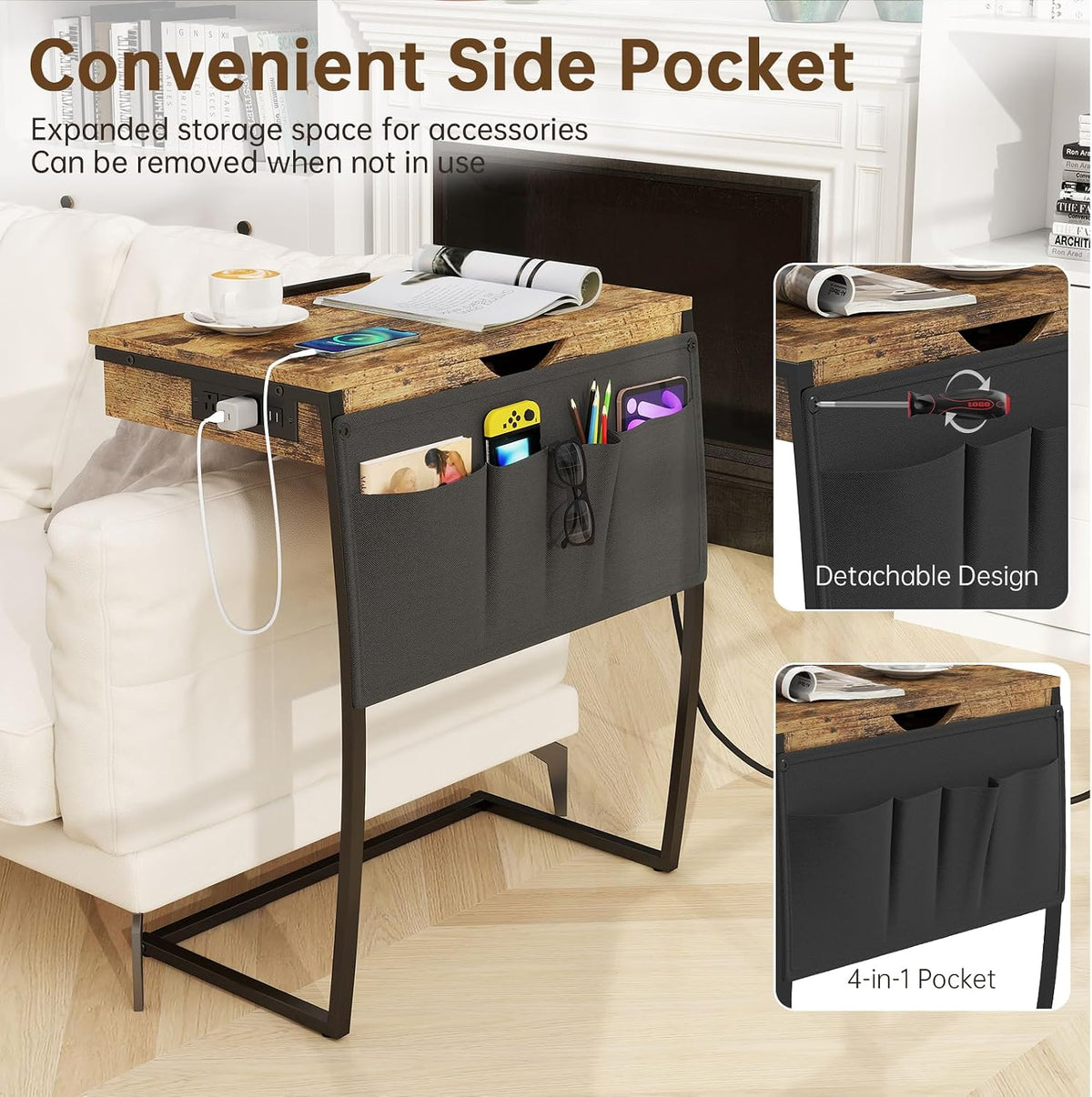 Rustic Brown Tilt C‑Shaped Side Table with Storage