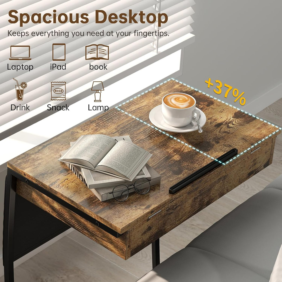 Rustic Brown Tilt C‑Shaped Side Table with Storage