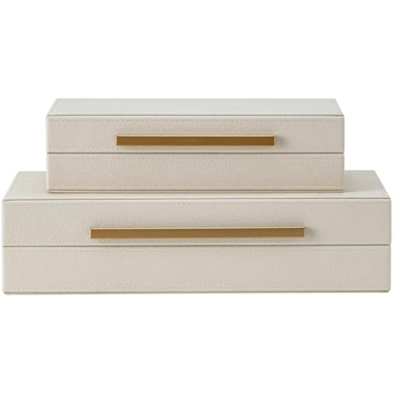 2 Beige Shagreen Storage Boxes with Gold Handles